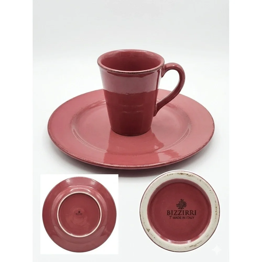 Bizzirri Italy Rose Mauve Ceramic Dinner Plate & Mug 2 Piece‎ Set Distressed Rim